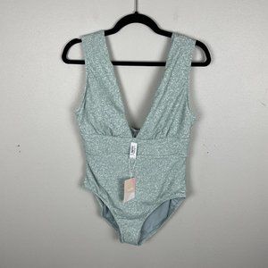 Andie The Mykonos Floral One Piece Swimsuit Plunge Neck Mint Sea Green Sz L NWT